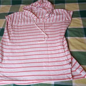 Talbots L Shrtslvs White with Red Strips Pockets Hooded Soft 95% Modal Women's